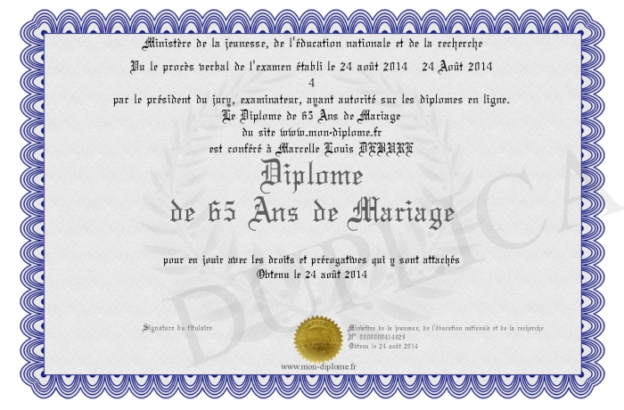 diplome 65 ans de mariage